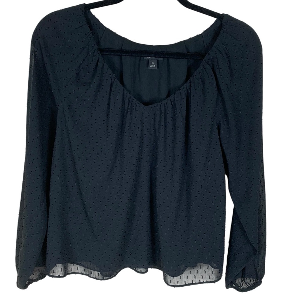 Women's Ann Taylor Black Swiss Dot Sheer Long Sleeve V-Neck Top Size XS Boho